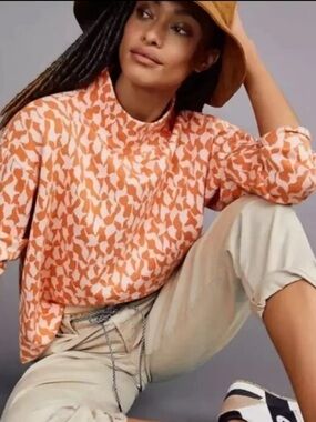 Anthropologie Maeve Carys mock neck sweater orange cream whimsical XL knit